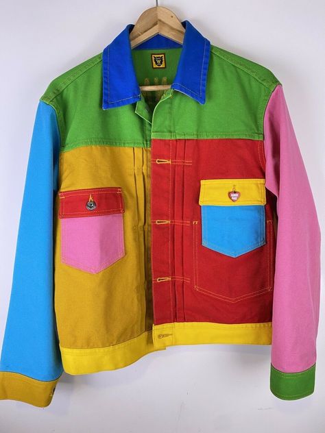 Pre owned 100% Authentic HUMAN MADE CRAZY PATCHWORK DENIM JACKET SIZE MEDIUM NIGO RARE. USPS 2 day shipping Patchwork Vest Outfit, Kidcore Jacket, Primary Color Outfit, Primary Colors Outfit, Clown Jacket, Human Made Clothing, Weird Fashion Aesthetic, Funky Jackets, Colourful Jacket