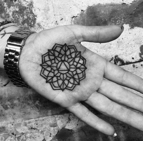 Tattoo On Palm, Hand Palm Tattoos, Mandala Tattoo Men, Palm Tattoo, Alternative Girl, Palm Tattoos, Hand Palm, Finger Tattoo, Small Tattoo