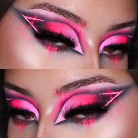 �𝗗𝗲𝗹𝗮𝗻𝗲𝘆 on Instagram: “💗 𝖓𝖊𝖔𝖓 𝖕𝖎𝖓𝖐 + 𝖇𝖑𝖆𝖈𝖐 🖤 —— ib// @cakefaceben — @blendbunnycosmetics Surge Palette @makeupamurder Pink Neon Pigment @plouise_makeup_academy…” Pink Drag Makeup Looks, Pink Drag Makeup, Pink Alt Makeup, Black And Pink Makeup, Neon Makeup Ideas, Pink And Black Makeup, Sin Aesthetic, Graphic Liners, Black Makeup Looks