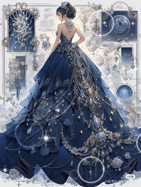 Dark Blue Fantasy Dress, Dark Blue Dress Aesthetic, Blue Fantasy Gown, Dark Blue Princess Dress, Dark Blue Ballgown, Blue Fairy Outfit, Fantasy Ball Gowns, Fantasy Ballgowns, Ethereal Dress Goddesses