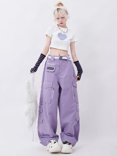 Purple Overalls, Hip Hop Street Style, High Waist Wide Leg Jeans, Cargo Pants Women, Really Cute Outfits, Korean Outfits, Look Cool, Aesthetic Clothes, Fashion Inspo Outfits