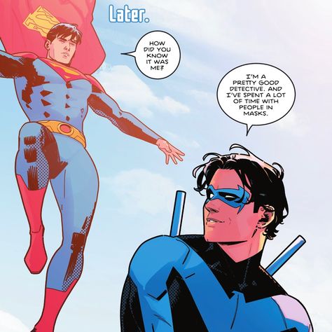 Nightwing And Superboy, Nightwing And Jon Kent, Nightwing Dcamu, Batman And Nightwing Father Son, Nightwing Comic Cover Art, Nightwing Injured, Nightwing Comic Panel Funny, Nightwing Cosplay, Jon Kent