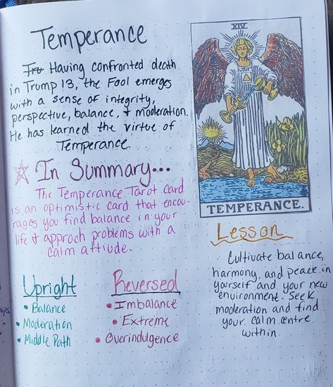 Temperance Tarot Meaning, Tarot Lessons, Tarot Grimoire, Tarot Notes, Tarot Beginner, Tarot Journaling, Tarot Study, Temperance Tarot Card, Temperance Tarot