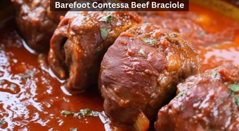 Barefoot Contessa Beef Braciole Beef Braciole Recipe, Italian Thanksgiving, Beef Braciole, Braciole Recipe, Zucchini Recipes Dessert, Barefoot Contessa Recipes, Beef Roll, Sunday Sauce, Kitchen Guide