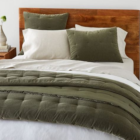 Classic Cotton Velvet Tack Stitch Quilt & Shams | West Elm Modern Bed Frame Design, Simple Double Bed Design, Green Bedding Ideas, Minimalist Bed Design, Rustic Bed Design, Simple Double Bed, Diy Modern Bed, Craftsman Bedding, Gold Bed Frame