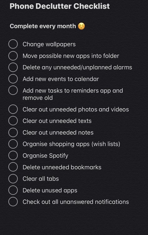 Declutter Life Checklist, Clean Your Phone Tips, Giving Your Phone A Glow Up, Organizing My Life Checklist, Tips To Make Your Phone Aesthetic, Goals For Every Month, Phone Cleaning Checklist, How To Keep Your Phone Organized, How To Make Your Phone Look Organized