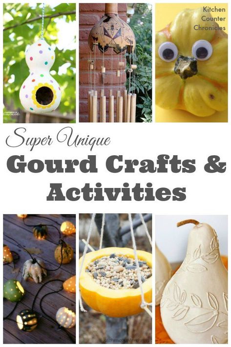 Super Unique Gourd Crafts and Activities - Who knew that those silly little gourds could be reused in such beautiful and clever ways. Discover how to transform your gourds and have a whole lot of fun. | Fall Craft for Kids | Bird feeder craft | Crafts for Kids | Gourd Decorating Ideas, Cheap Diy Headboard, Recycle Craft, Bird Feeder Craft, Gourd Crafts, Diy Wainscoting, Diy Blanket Ladder, Decorative Gourds, Wood Wall Art Diy