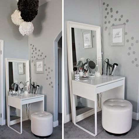 small bedroom furniture and dressing area design ideas Small Bedroom Furniture, Bedroom Makeup Vanity, Dekorasi Kamar Tidur, Vanity Room, Dressing Area, Bedroom Vanity, White Vanity, Tiny Bedroom, Simple Bedroom