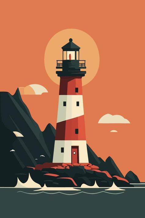 Lighthouse on the rocks. Vector illustration in flat cartoon style. Illustration Design Graphique, Konst Designs, 동화 삽화, Illustrator Design Tutorial, Hur Man Målar, Art Et Illustration, Vector Art Illustration, On The Rocks, Light House