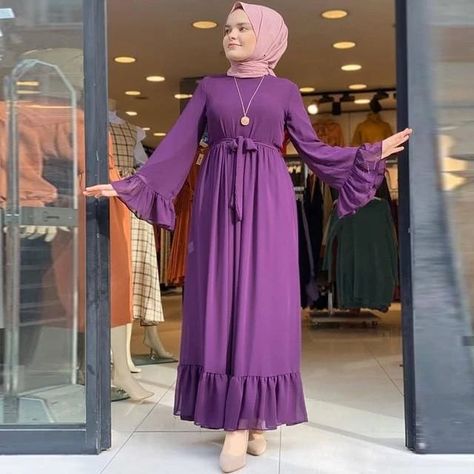 Elegant Bell Sleeve Chiffon Long Dress Material Gown Styles For Muslim Ladies, Chifon Dress, Turkish Abaya, Purple Chiffon Dress, Long Sleeve Chiffon Dress, Chiffon Long Dress, Mode Kimono, Simply Dresses, Long Kurti