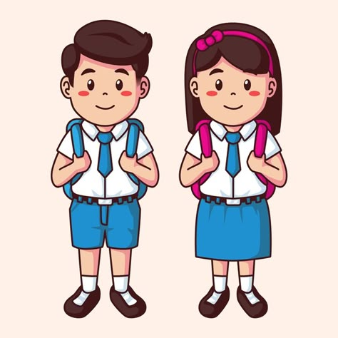 Back To School Cartoon Images, Girl In School Uniform Drawing, Student Cartoon Character Design, Student Drawing Cartoon, School Pictures Aesthetic, School Boy Drawing, Boy Girl Drawing, School Kids Cartoon, School Uniform Drawing