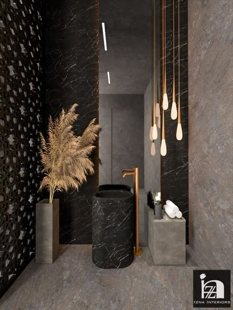 Luxury Guest Bathroom Ideas Powder Rooms, Luxurious Powder Room Ideas, Small Guest Bathroom Ideas Modern, Luxurious Powder Rooms, Dark Powder Bathroom, Luxury Powder Room Design Modern, Guest Toilet Luxury, Luxury Powder Rooms, Dark Luxury Bathroom