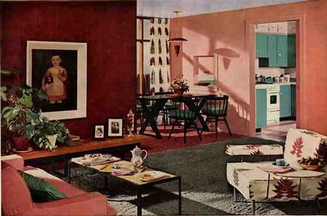 There is so much to love here. And recall that the 50's were about more than modern...notice the touches of colonial which were all the rage then. 50s Living Room, 50s Interior Design, 1950s Interior Design, 1950s Living Room, 50s Interior, 1950s Interior, 1950s Home Decor, 1950s Decor, 1950s House