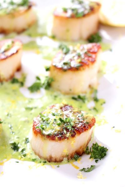 Seared Scallops with Creamy Basil Pesto Sauce is so simple and looks so impressive on a plate. I garnished these beauties with a little squeeze of lemon juice and zest to bring out some brightness. Serve with your favorite pasta or roasted veggies for a whole meal. #scallops #dinner #pesto Basil Pesto Sauce, Seared Scallops, Scallop Recipes, Scallops Seared, Seafood Dinner, Pesto Sauce, Basil Pesto, Fish Dishes, Seafood Dishes