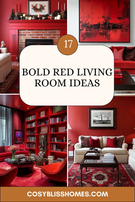 Spruce up your home with 17 bold red living room ideas that'll bring warmth and energy into your space! Whether you're considering a stunning red fireplace mantel, eye-catching red artwork, or striking red bookshelves, these decor suggestions will surely ignite your creativity. A splash of red not only adds color but also creates a cozy and inviting atmosphere. Don't miss out on these vibrant throw pillows and other accents that can transform your living space into a lively sanctuary. Check out these inspiring ideas now! Red Color Interior Design, Red Leather Sofa Living Room Ideas, Red Bookshelves, Red Sofa Living Room Color Schemes, Red Living Room Decor Ideas, Red Sofa Decorating, Red Living Room Ideas, Red Fireplace, Red Bookshelf