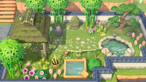 What do you think of my outdoor onsen (Japanese bath house)? : ac_newhorizons Japanese Acnh Design, Anch Japanese Ideas, Acnh Cosmos Shower Ideas, Acnh Outdoor Bath Ideas, Animal Crossing Hot Spring, Cypress Bathtub Acnh Ideas, Acnh Japanese Garden, Japanese Theme Animal Crossing, Acnh Onsen Ideas