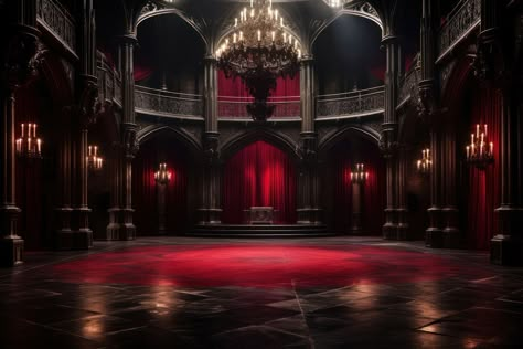 Pitchfork Aesthetic, Red Castle Interior, Red Room Background, Dark Castle Background, Rage Room Aesthetic, Gothic Ballroom, Ballroom Background, Castle Hall, Hall Architecture