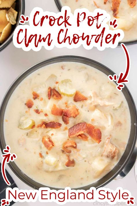 Crock Pot Clam Chowder is a tasty soup recipe that's so easy. Making it New England style gives you a rich & creamy chowder you can't beat! Clam Chowder Recipe Crock Pot, Crock Pot Clam Chowder, Crockpot Clam Chowder, Chowder Recipes Crockpot, Slow Cooker Clam Chowder, Clam Chowder New England, Thanksgiving Vegetables Side Dishes, Shrimp Chowder, Clam Chowder Recipe