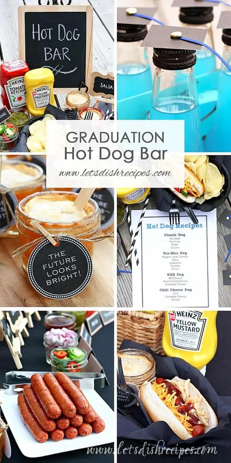 Party Hot Dog Bar, Hot Dog Bar Party, Party Themes College, Jar Pies, 8th Grade Graduation Party, Mason Jar Pies, Boys Graduation Party, Hot Dog Party, Kindergarten Graduation Party