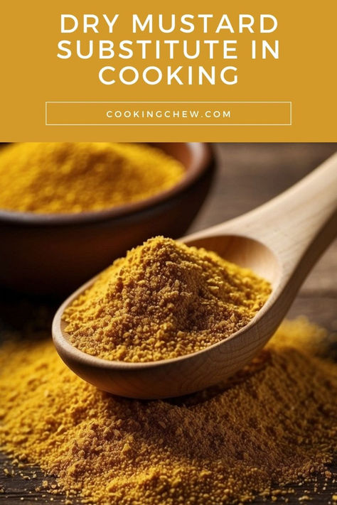 A close-up photo of a wooden spoon filled with yellow dry mustard.