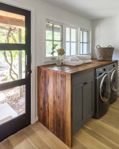 Inside the stunning renovation of a farmhouse in Sonoma Wine Country Waterfall Wood Countertop, Mudroom Laundry Room Ideas, Laundry Room/mudroom, Hidden Laundry, Shiplap Wall Diy, Laundry Room Closet, Mudroom Laundry Room, Laundry Room Ideas, Mudroom Design