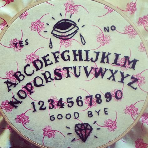 Ouija Board embroidery by hauswives via Flickr Diy Ouija Board Art, Crochet Ouija Board, Ouija Embroidery, Occult Embroidery, Circle Ouija Board, Ouija Cross Stitch, Embroidery Stitches Beginner, Hobbies To Try, Witchy Crafts