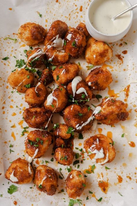 Nashville Hot Honey Cauliflower - Well Seasoned Studio Hot Honey Cauliflower, Honey Cauliflower, Fried Goat Cheese, Spicy Cauliflower, Fried Chicken And Waffles, Chicken Cauliflower, Nashville Hot Chicken, Nashville Hot, Blue Cheese Dressing