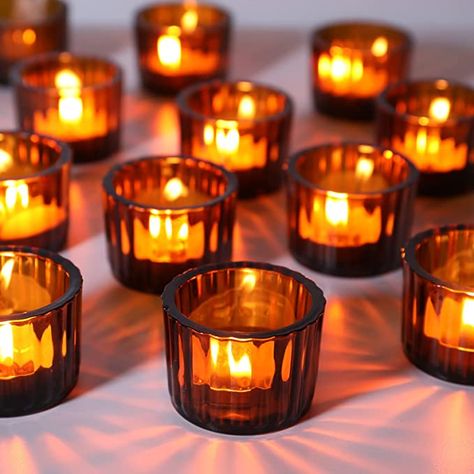 Small Candles Decor, Amber Glass Wedding, Votive Candles Wedding, Brown Candle Holders, Candles Dark, Amber Candle, Small Candle Holders, Glass Votive Candle Holders, Glass Votive Holders