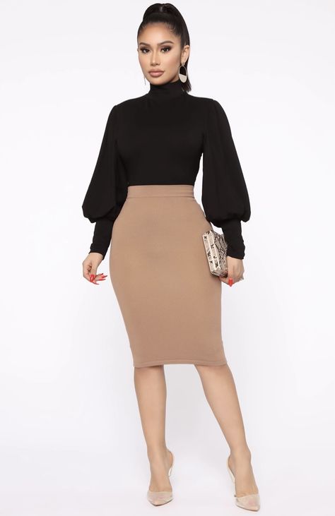 Office Wear Dresses, Stylish Office Wear, Business Dress Women, Mock Neck Bodysuit, Bodysuit Black, Classy Work Outfits, A Pencil, Body Con Skirt, Curve Dresses