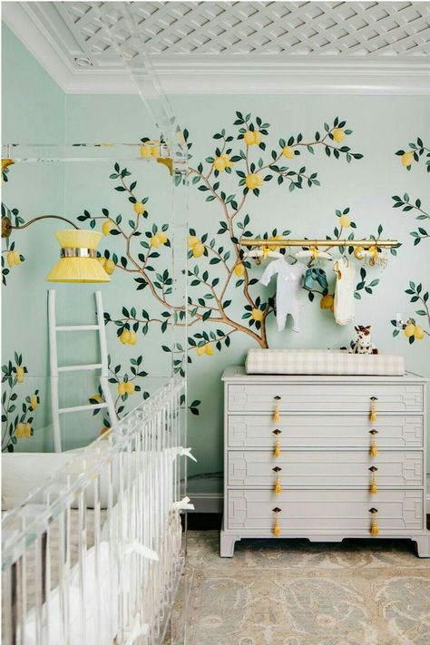 Mediterranean Nursery, Tree Mural Kids, Baby Room Design Modern, Baby Room Ideas Early Years, Green Kids Rooms, Baby Room Design Boy, Pink Baby Room, Modern Baby Room, Honeycomb Tile