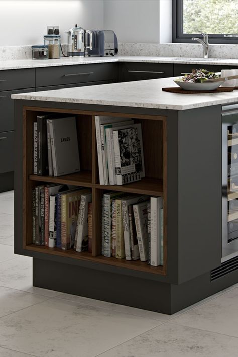 Kitchen Island With Booth Seating, Island With Open Shelving, Kitchen Wine Fridge, Media Walls, Grey Kitchen Island, Kitchen Island Bench, Dark Grey Kitchen, Barn Kitchen, Rustic Kitchen Island