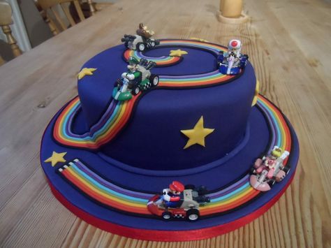 Mariokart Rainbow Road Cake, Mario Kart Rainbow Road Birthday Cake, Rainbow Road Mario Kart Party, Mario Birthday Cake Rainbow Road, Rainbow Road Birthday Cake, Mario Race Track Cake, Super Mario Rainbow Road Cake, Mario Kart Rainbow Road Cake, Nintendo Cake Ideas