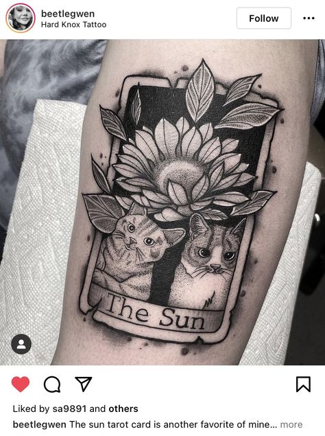 Cats Tattoo, Sun Tarot Card, The Sun Tarot Card, Tarot Tattoo, Tarot Card Tattoo, The Sun Tarot, Card Tattoo, Feminine Tattoos, Animal Tattoos