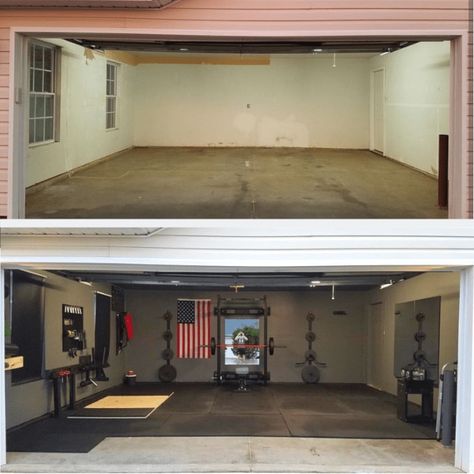 Workshop And Gym Garage, Budget Garage Gym, Garage Crossfit Gym Ideas, Gyms In Garage, Garage Gym Accent Wall, Garage Gym On A Budget, 2 Car Garage Home Gym, Garage Gym Makeover Ideas, 2 Car Garage Gym Ideas