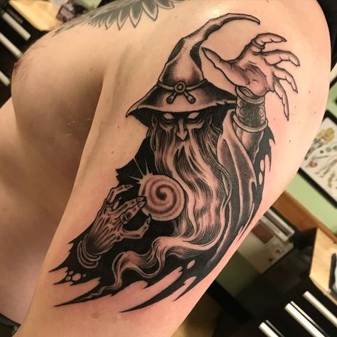 EliWood on Instagram: "Fun one today. Thanks Steve!" Fun American Traditional Tattoos, Sorceress Tattoo, Traditional Wizard Tattoo, Wizard Tattoo Design, Medieval Tattoos, Gore Tattoo, Dnd Tattoo, Wizard Drawings, Jordan Tattoo