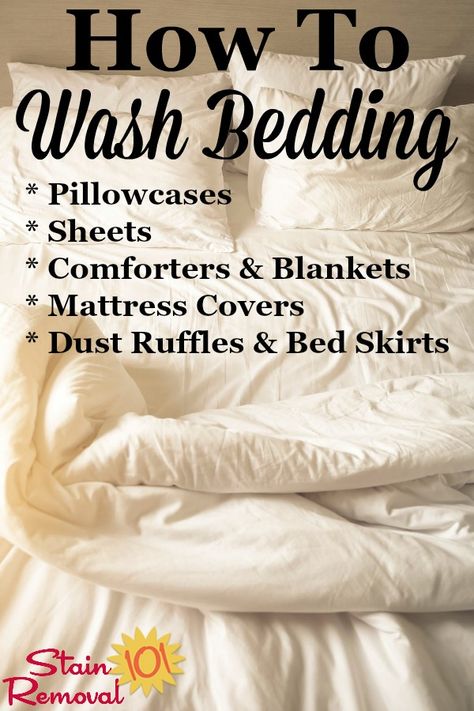 Here are instructions for how to wash bedding, including pillowcases, sheets, conforters and blankets, mattress covers, and dust ruffles and bed skirts {on Stain Removal 101} #WashBedding #LaundryTips #HowToWash How To Wash Comforter, Stain Removal Chart, Wash Bedding, Wash Mattress, Window Cleaning Tips, Spring Cleaning Challenge, Mattress Stains, Cool Comforters, Hm Home