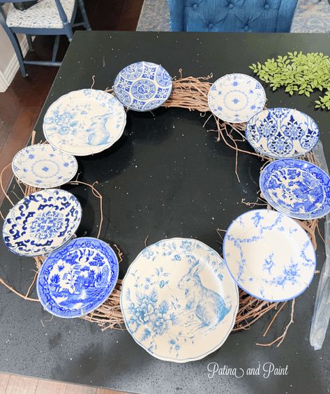 Plate Wreath Tutorial, Plate Wreath Craft, Wreath Made From China Plates, How To Make A Plate Wreath, Plate Wreath Diy, Plate Wreaths, Plate Wreath, Patina Paint, Willow Wreath