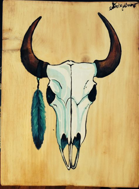 Acrylic painting of a bull skull on a scrap piece of wood Steer Skull Painting, Bull Skull Painting Canvas, Cow Skull Painting On Canvas, Bull Head Painting, Bull Skull Painting, Western Painting Canvas, Western Painting Ideas, Joker Art Drawing, Colorful Boots