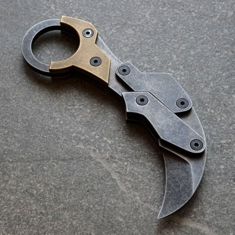 Handmade folding karambit knife from W1-7 high carbon steel and brass ring handle element. Folding Karambit, Tactical Medic, Knife Template, Tactical Swords, Cook Kitchen, Knife Making Tools, Diy Knife, Knife Patterns, Handcrafted Knife