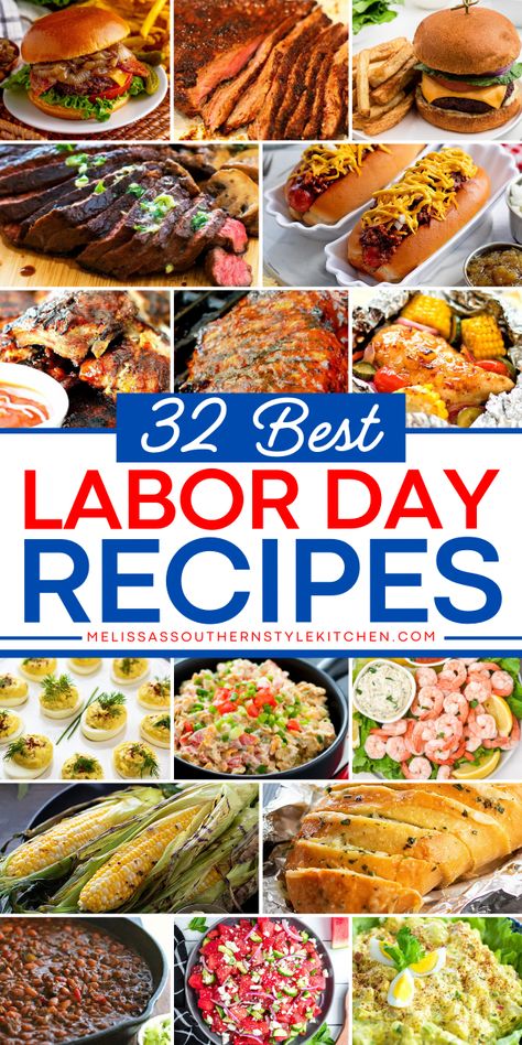 There's plenty of easy Labor Day party foods! These 32 Best Labor Day recipes have a wide variety of appetizers, salads, entrées, side dishes, and desserts suitable for assembling in advance. Make these food tutorials as much as you can for the best entertainment! Labor Day Appetizer Ideas, Labor Day Breakfast Ideas, Labor Day Food Ideas For A Crowd, Labor Day Salads, Labor Day Bbq Food, Labor Day Recipes For A Crowd, Side Dishes For Labor Day Cookout, Labor Day Potluck Ideas, Labor Day Meal Ideas