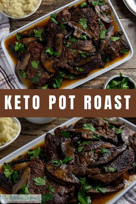 This Keto Pot Roast cooks effortlessly on the stovetop in a savory broth with Portobello mushrooms. Cocoa powder adds an unexpected twist, making this recipe both keto-friendly and versatile for a satisfying family meal! Keto Pot Roast, Gf Dinners, Southern Cooking Recipes, Cooking A Roast, Flavorful Vegetables, Drink Inspiration, Easy One Pot Meals, Pan Meals, Pan Recipes