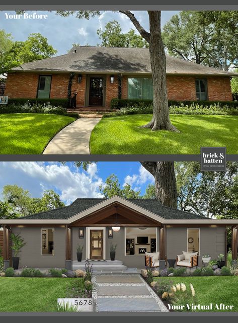 Exterior Ranch House Colors, Midcentury Ranch House, Gable Roof Porch, White Oak Wood Floors, Exterior Refresh, Midcentury Ranch, Roof Porch, Brick Ranch Houses, Brick Repair