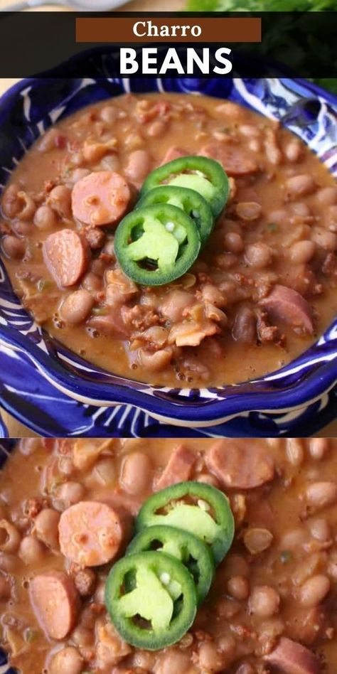 Baracho Beans Recipe, Charo Beans Recipe, Mexican Charro Beans Recipe, Hot Dog Soup, Beans And Weenies, Hot Dogs And Beans, Bacon Hot Dogs, Charro Beans, Hearty Stew