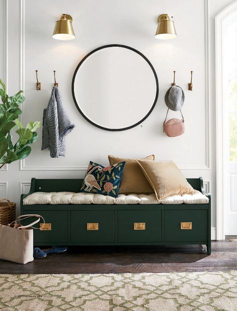 Bedroom Foyer Ideas, Entryway Circle Mirror, Foyer Seating Ideas Modern, Decorating Entryway Bench, Hallway Foyer Ideas Entryway, Green Entryway Bench, Foyer Bench With Storage, Entryway Den Ideas, Mustard Entryway