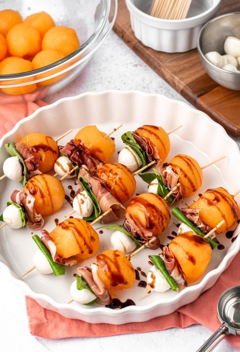 Melon and Prosciutto Skewers | Liv Gluten-Free Melon Snacks, Melon Starter, Prosciutto Skewers, Melon And Prosciutto, Ripe Cantaloupe, Prosciutto Melon, Lemon Orzo Salad, Easy Delicious Appetizers, Eggplant Caponata