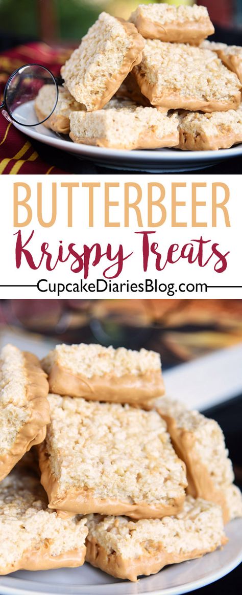 This is the treat for Harry Potter fans! Butterbeer Krispy Treats are so chewy and full of that butterbeer flavor. Perfect for a Harry Potter party! Party Halloween Food, Harry Potter Snacks, Butterbeer Recipe, Harry Potter Food, Krispy Treats, Festa Harry Potter, Cereal Treats, Rice Crispy Treats, Crispy Treats