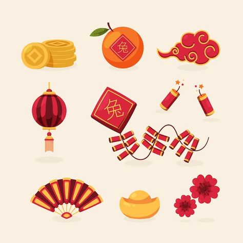 Free vector flat chinese new year celebr... | Free Vector #Freepik #freevector #chinese-new-year-element #chinese-new-year-2023 #lunar #chinese-new-year Chinese New Year Element, Lunar New Year 2024, Chineese New Year, Vtuber Ideas, Chinese Celebrations, 2025 Design, Chinese New Year Celebration, Mc Ideas, New Year Symbols