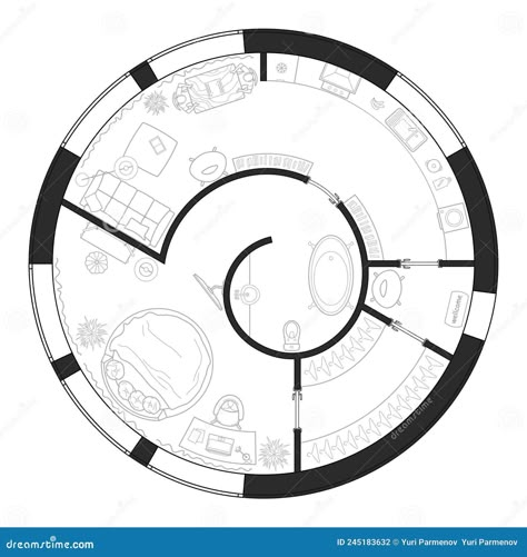 Plan of a Round House with Furniture Layout. Interior Drawing in Black and White, Top View. Vector Stock Vector - Illustration of bath, bedroom: 245183632 Round Room Interior Design, Circular Apartment, Circular Bedroom Plan, Circle Floor Plan, Circular Architecture Plan, Loft Small House, Circular Hotel Plan, Circular Planning Architecture, Circular Homes