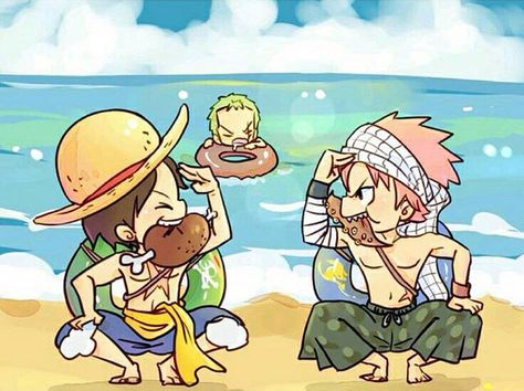 Zoro and Luffy and Natsu chibi Fairy Tail Anime Natsu, One Piece New World, Anime Beach, One Piece Crossover, One Piece Fairy Tail, Fairy Tail Photos, Tecno Spark 10, Natsu Fairy Tail, Luffy Zoro