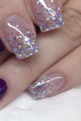 Glitter Pink Tip Nails, Glitter French Tip Gel Nails, French Dip Nail Designs, Glitter Birthday Nails, Lavender Glitter Nails, Sparkly Ombre Nails, Sparkly French Tip Nails, Silver Sparkly Nails, Pink Tip Nails